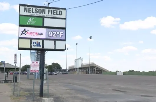 Nelson Field sign showing Austin ISD branding